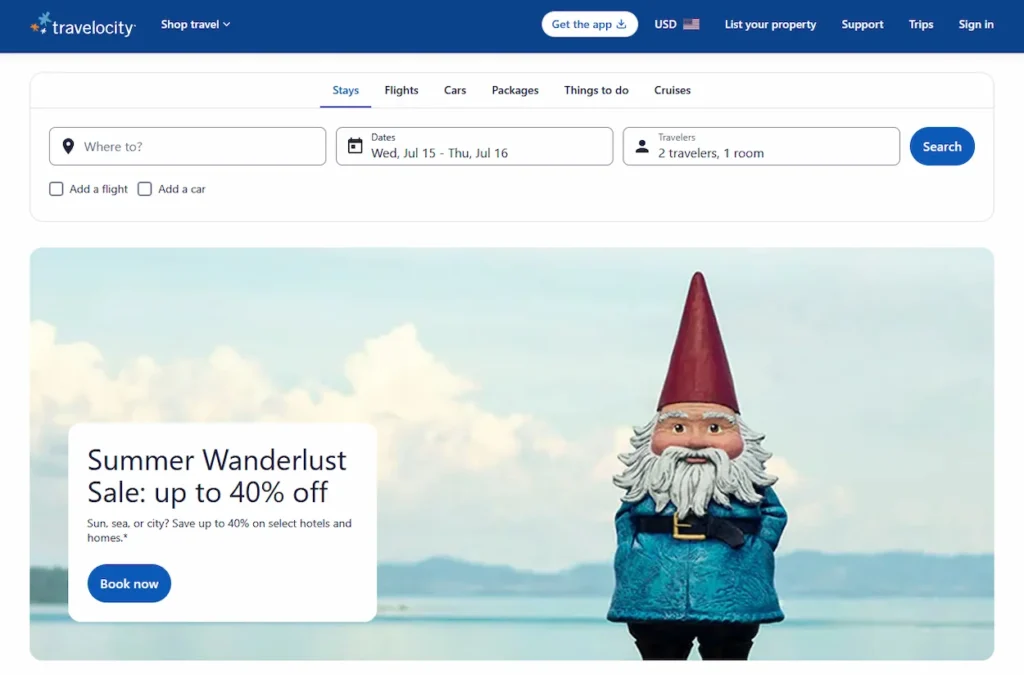 The Travelocity booking website homepage dashboard