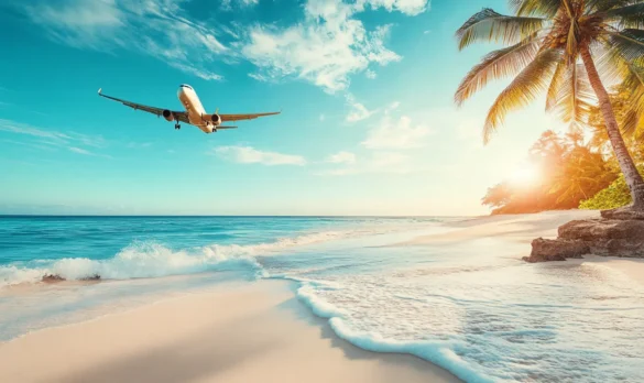 Airplane flying over Caribbean beach