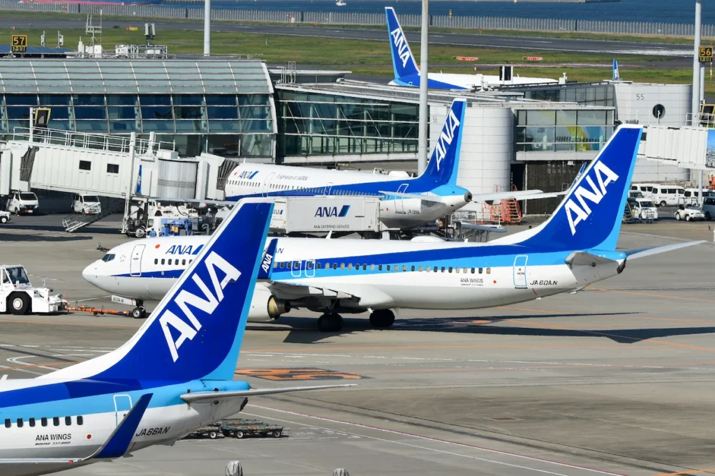 Multiple blue and white ANA Wings Boeing 737 airplanes parked at airport gates