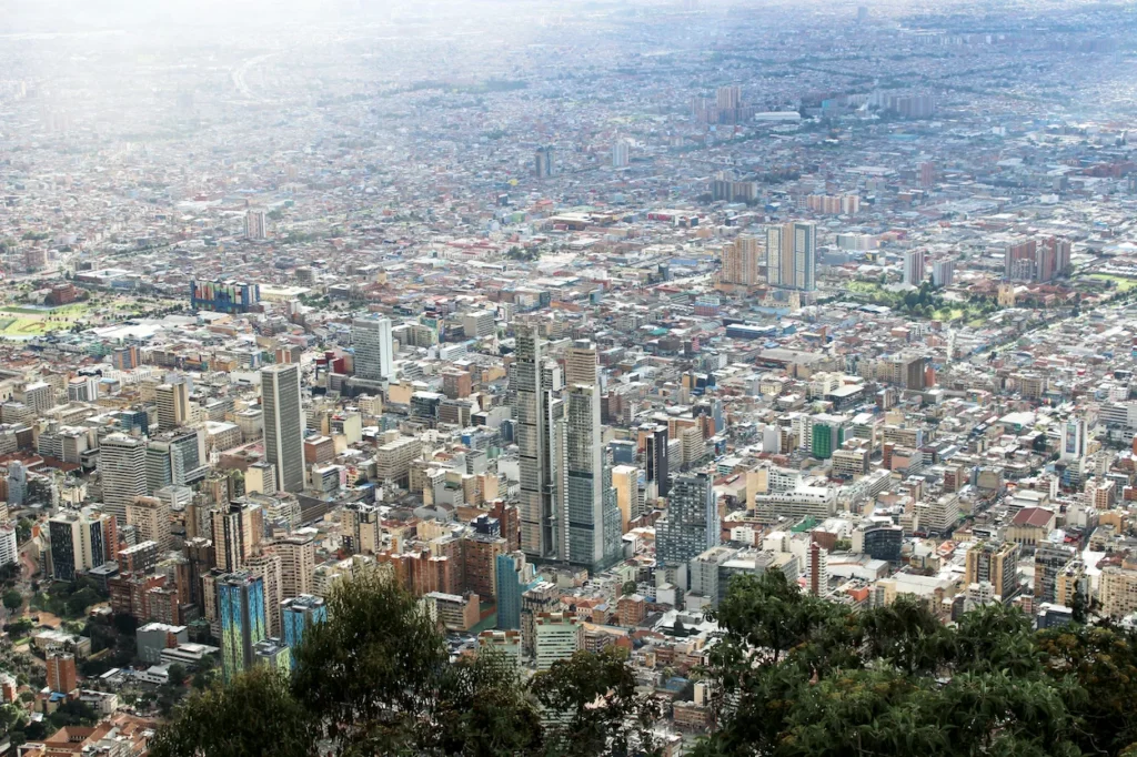 Aerial cityscape view of Bogotá skyscrapers and buildings from Monserrate