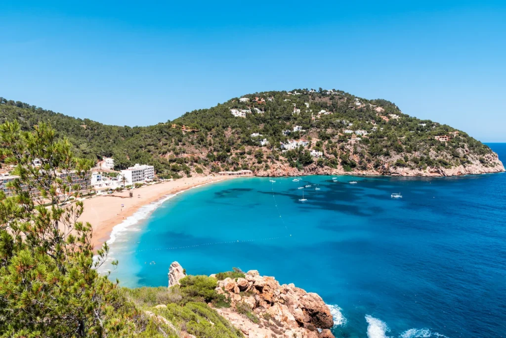 High-angle view of Cala San Vicente beach in Ibiza with turquoise water and green hills