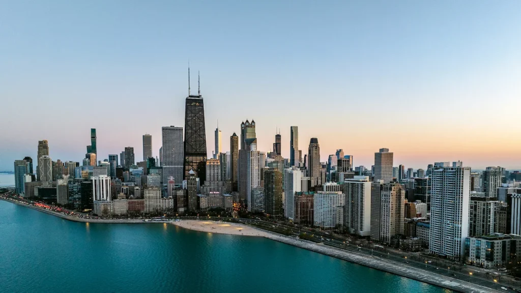 Aerial view of the Chicago skyline along Lake Michigan
