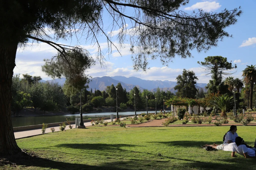 People relaxing on a lawn next to a lake and trees with distant mountains