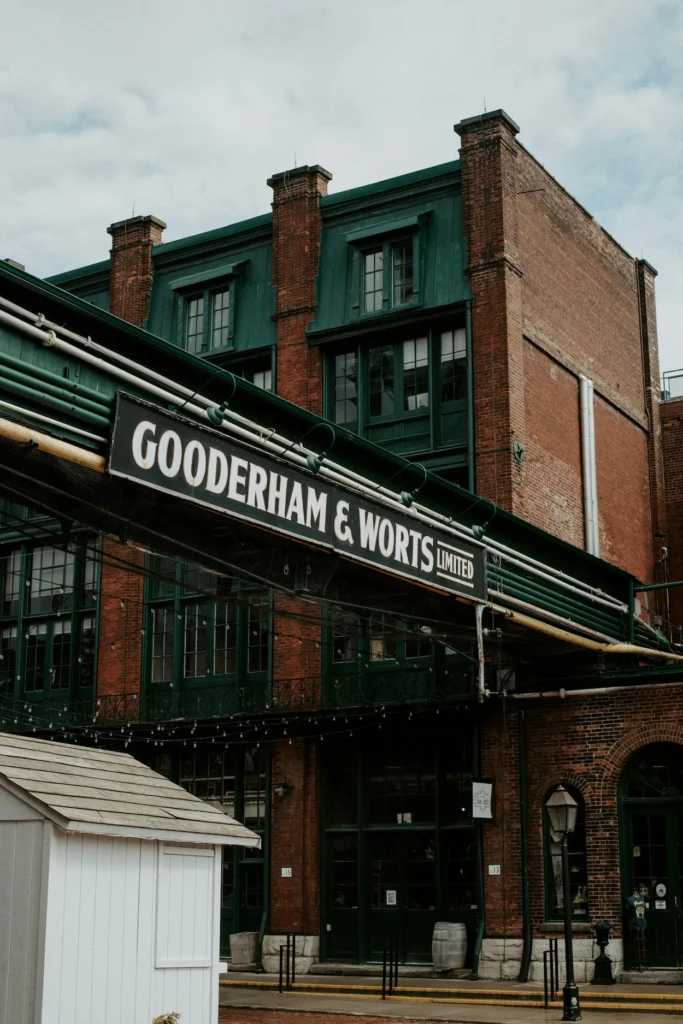 Historic Gooderham and Worts brick building in Toronto's Distillery District