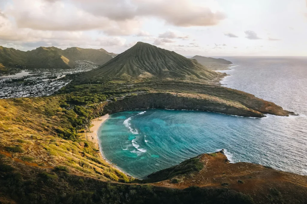 An aerial view of Hanauma Bay and Koko Head crater on Oahu, Hawaii