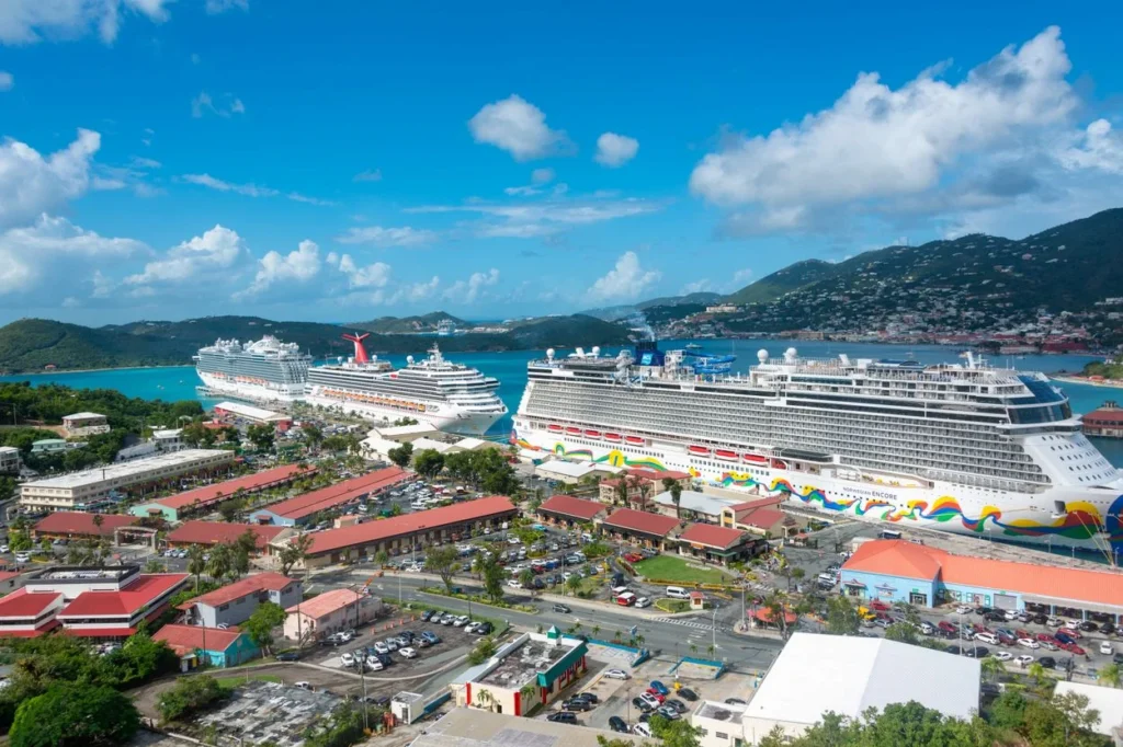 Norwegian Encore and other cruise ships docked at Havensight Pier in St. Thomas