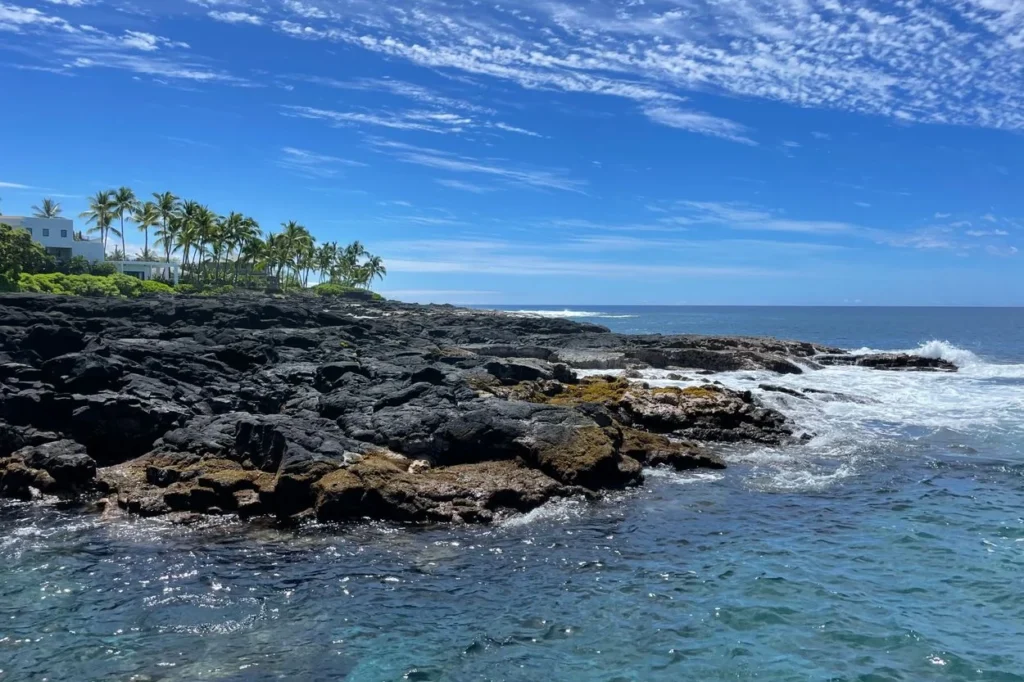 Black volcanic rock coast with palm trees and ocean waves