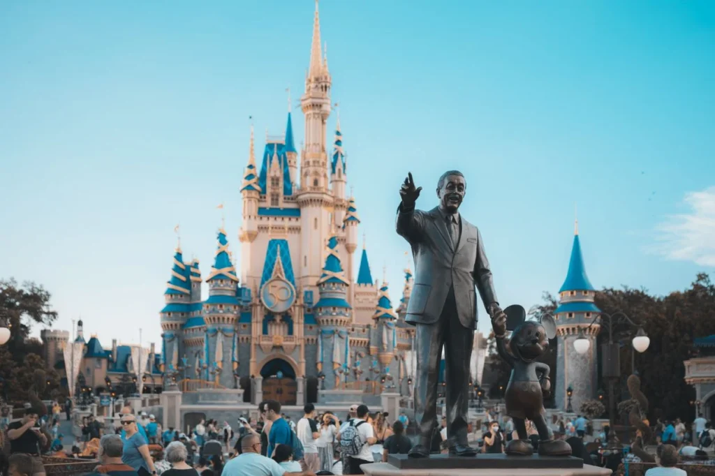 Partners Statue of Walt Disney and Mickey Mouse in front of Cinderella Castle at Magic Kingdom