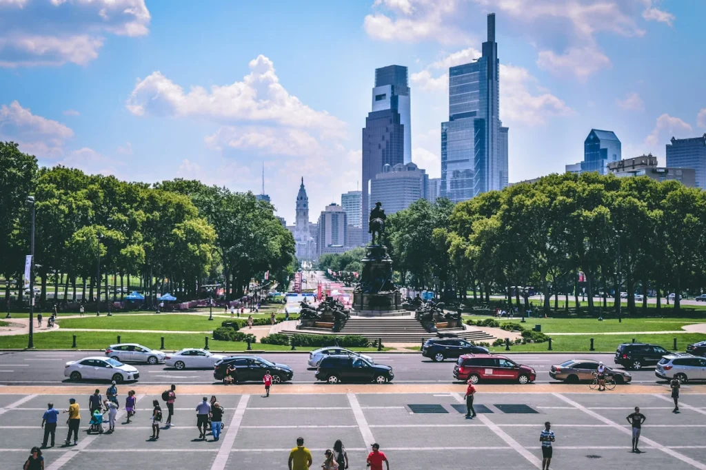 View of Philadelphia skyline from the Art Museum steps