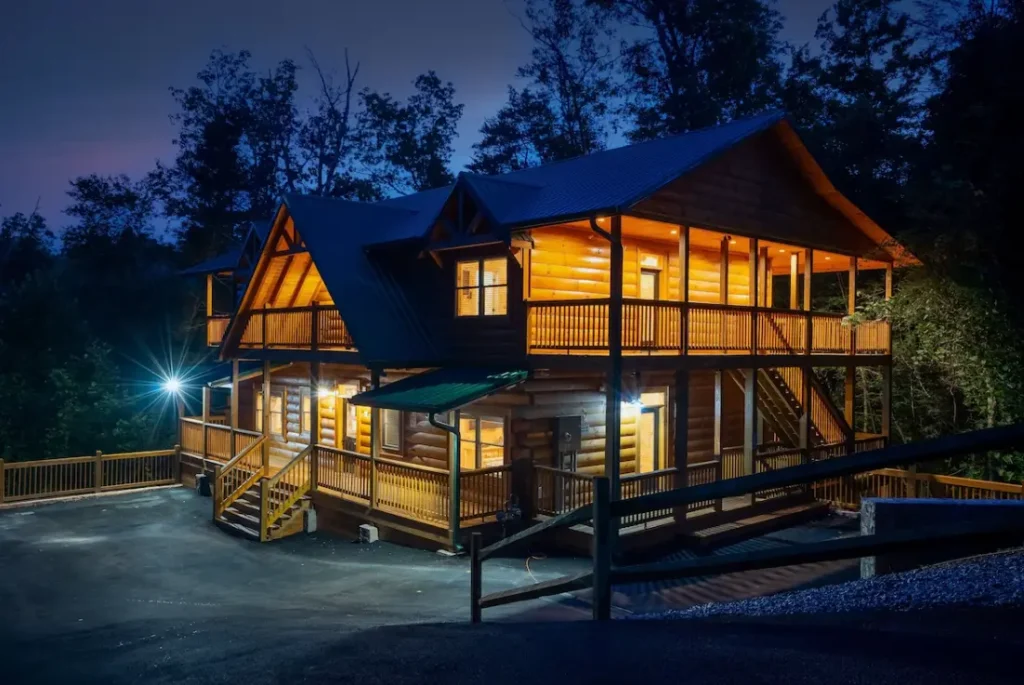 Exterior design of the cabin at night