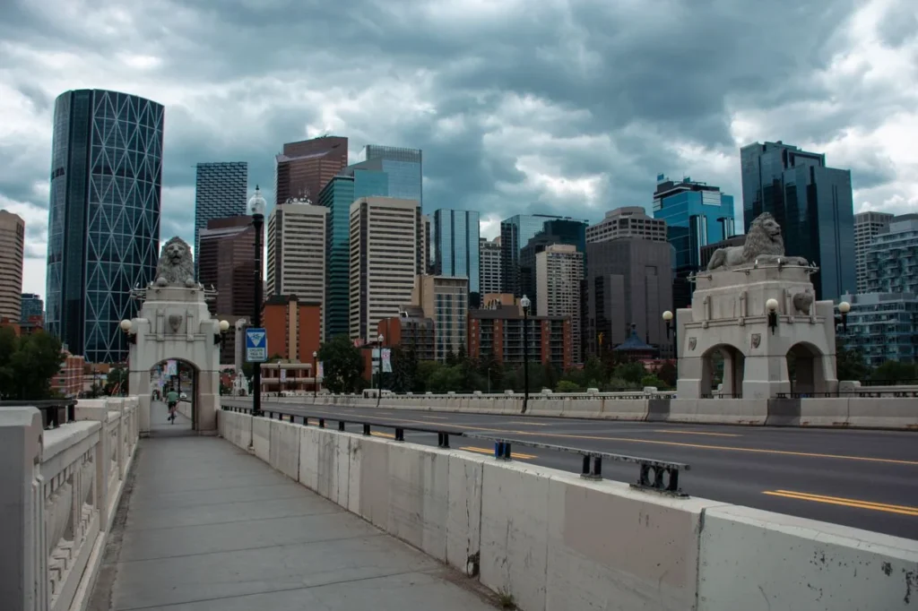 Centre Street Bridge looking toward downtown Calgary skyscrapers