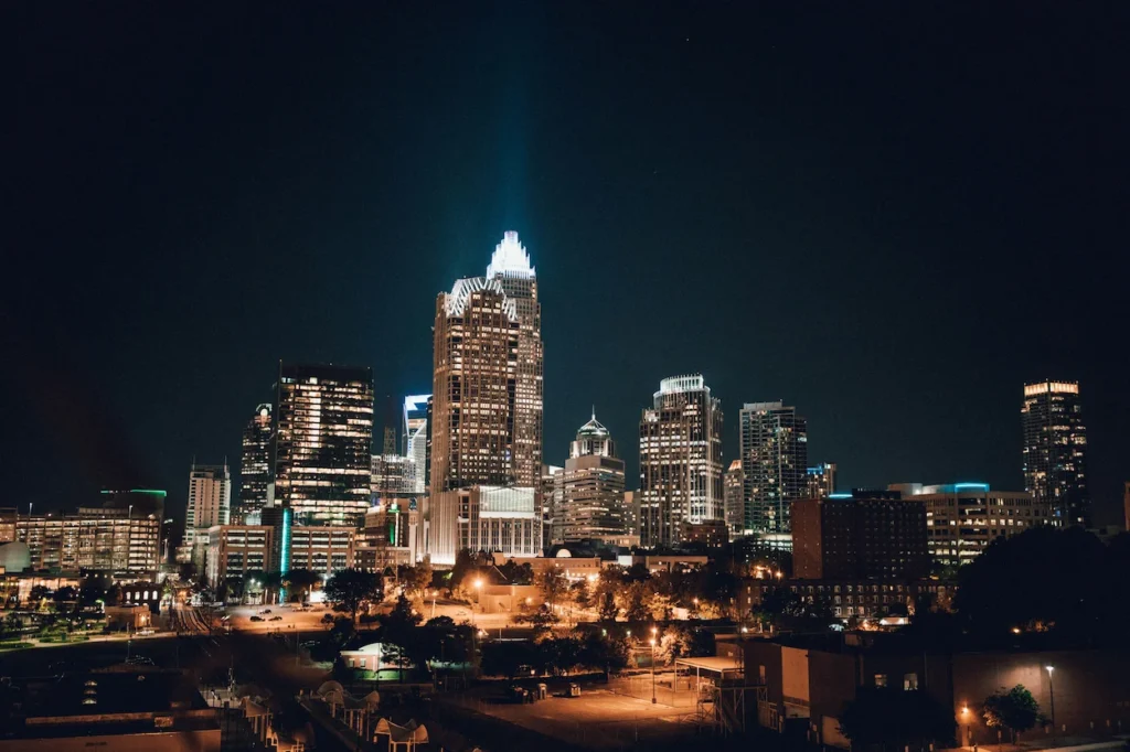 The uptown Charlotte skyline at night featuring Bank of America Corporate Center