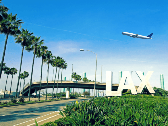 an airplane taking off from LAX airport in California