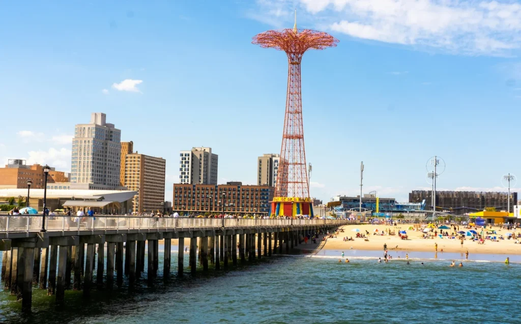 The historic Parachute Jump tower and Steeplechase Pier at Coney Island beach
