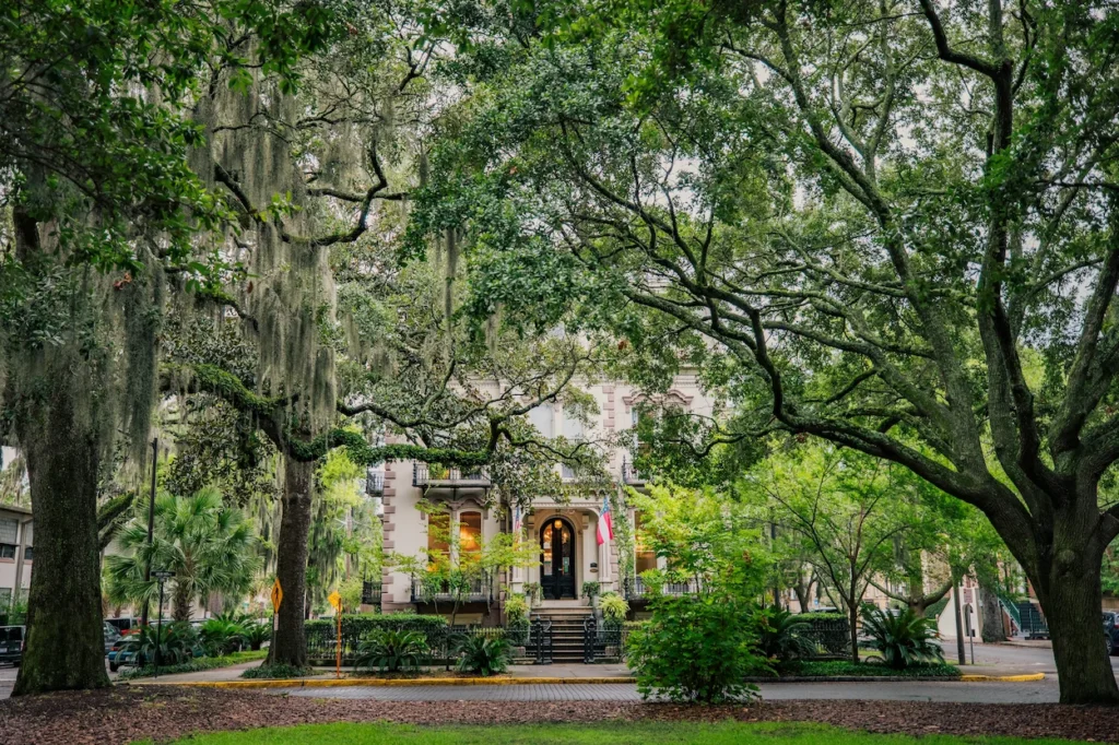 Historic Savannah mansion viewed through large mossy oak trees from Forsyth Park