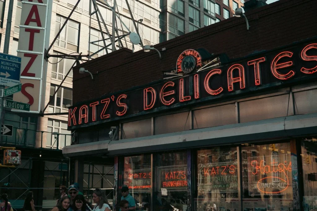 The neon sign on the exterior storefront of Katz's Delicatessen