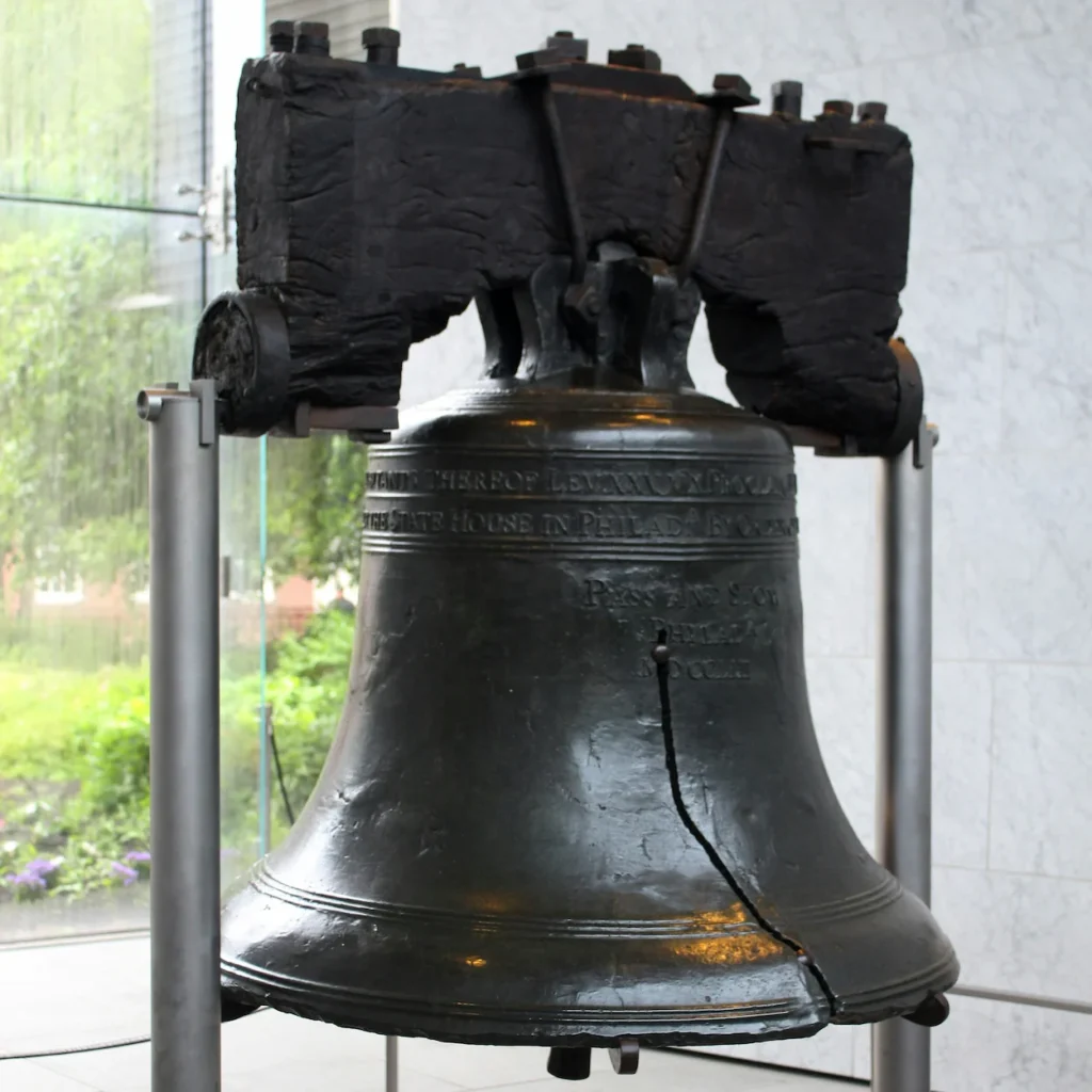 The Liberty Bell showing its famous crack inside the Liberty Bell Center