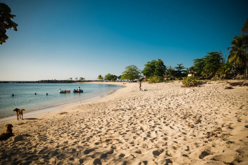 Tropical sandy beach with swimmers in the calm water of Montego Bay