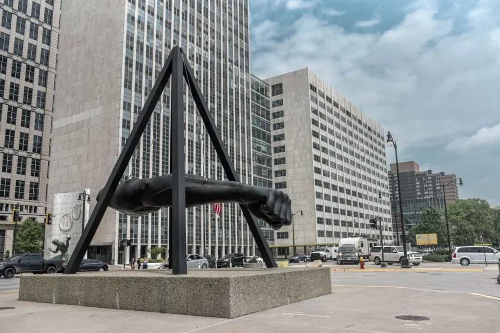 Giant bronze sculpture of a suspended fist honoring boxer Joe Louis in Detroit