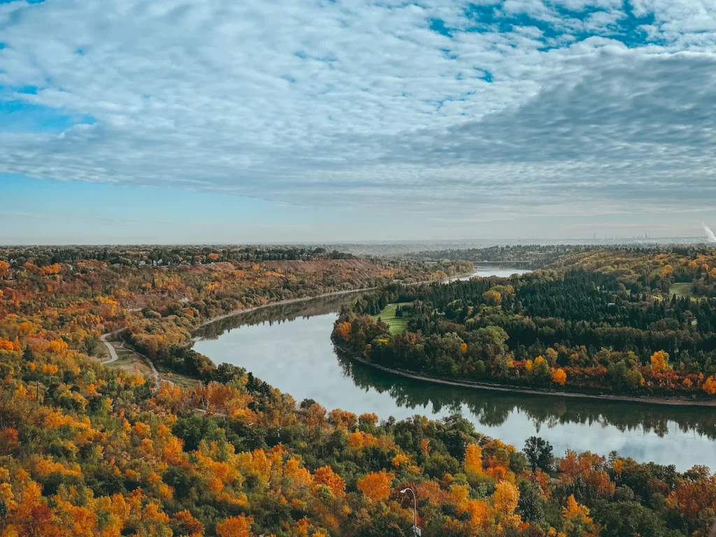 Winding river cutting through a dense autumn forest under a cloudy sky