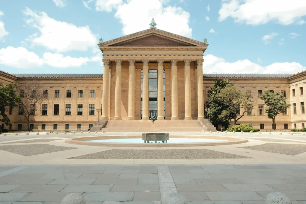 Philadelphia Museum of Art behind a plaza fountain