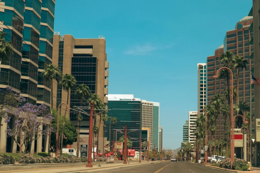 Central Avenue street view in Midtown Phoenix showing palm trees and office high-rises