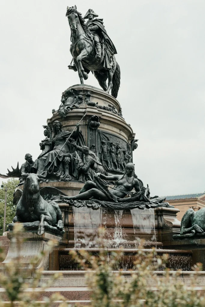 George Washington equestrian statue atop a large stone fountain in Philadelphia, Pennsylvania