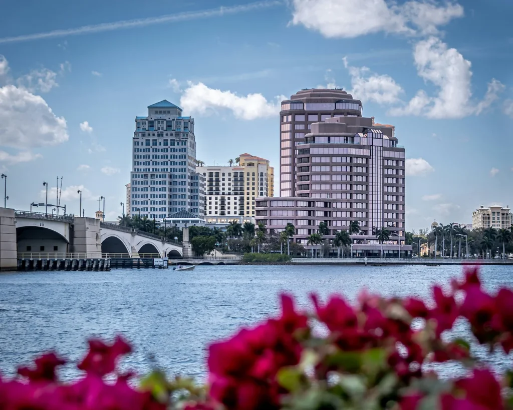 Pink bougainvillea flowers framing downtown skyscrapers and Royal Park Bridge across the water in West Palm Beach, Florida