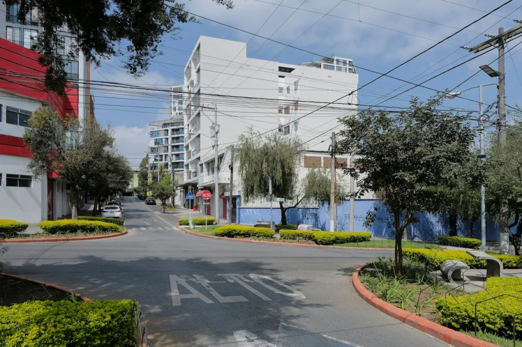 A city intersection with green hedges and an "ALTO" road marking in Guatemala