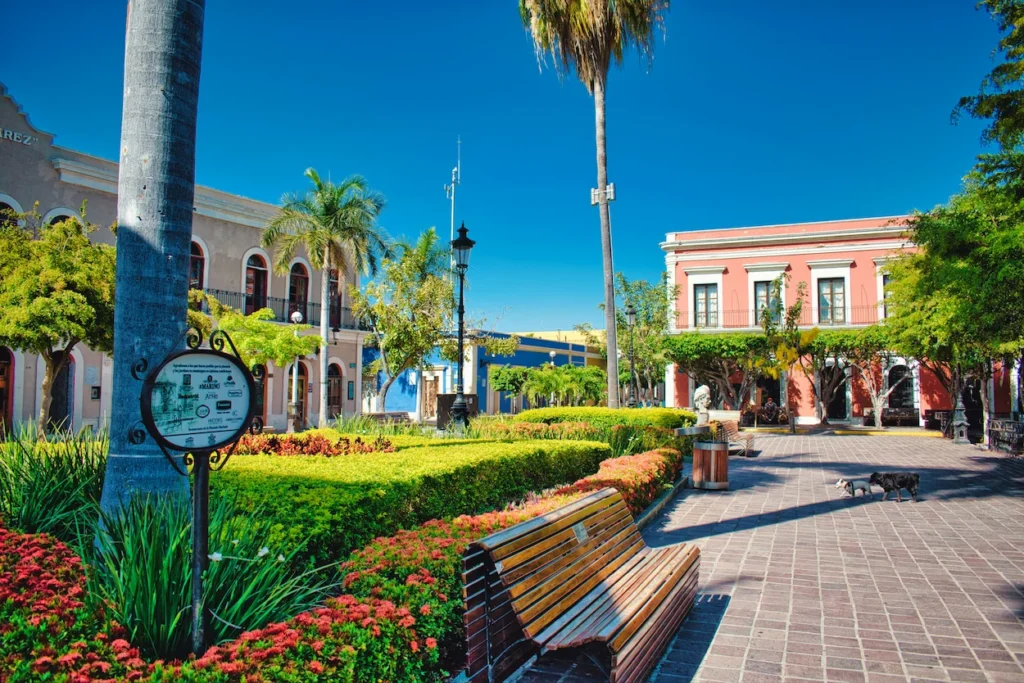 A paved plaza with wooden benches, green hedges, and colorful colonial buildings under a blue sky