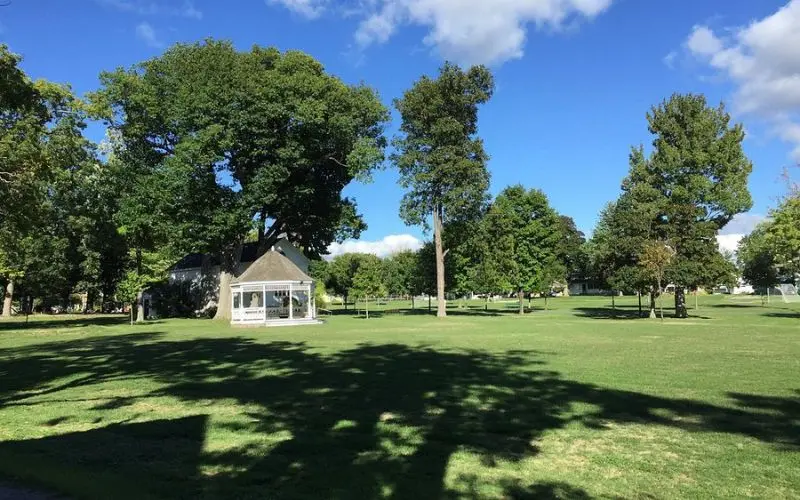 Open green park space with trees and gazebo on Wellesley Island.