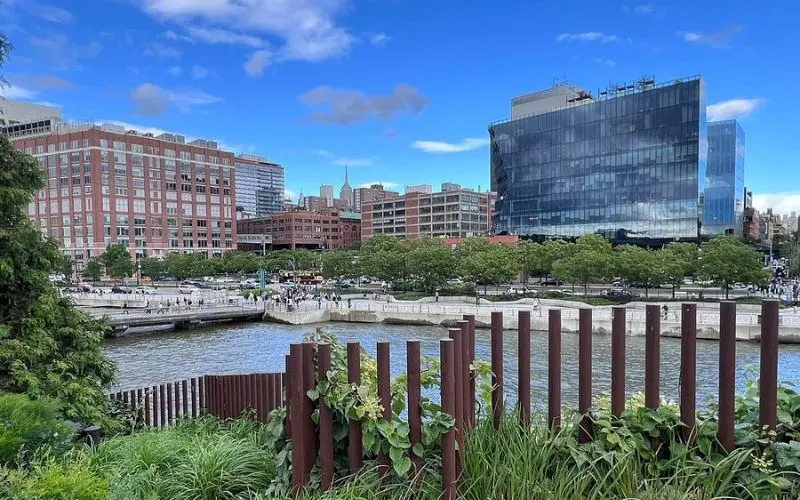 Modern riverside park with landscaped paths at Little Island.
