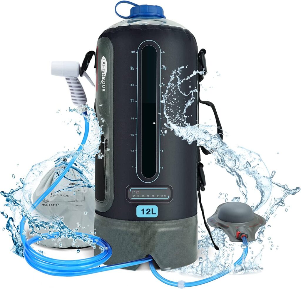 A pressurized hose-style portable camping shower made by AFISHTOUR