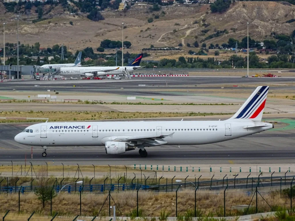 An Air France Airbus A321 passenger airplane taxiing on an airport tarmac
