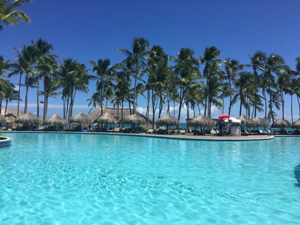 A large, clear blue swimming pool at a tropical resort lined with palm trees and thatched umbrellas