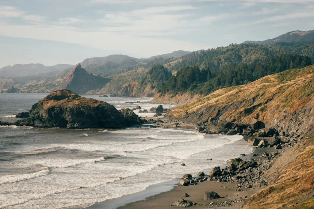 High-angle view of the dramatic, rocky Oregon coastline featuring grassy cliffs