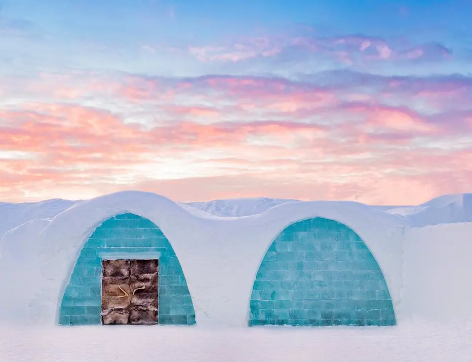 The iconic entrance to ICEHOTEL - an artexhibition and hotel made out of ice and snow