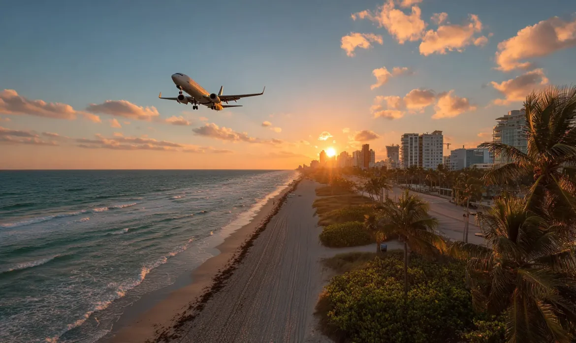 Airplane flying over Miami Beach