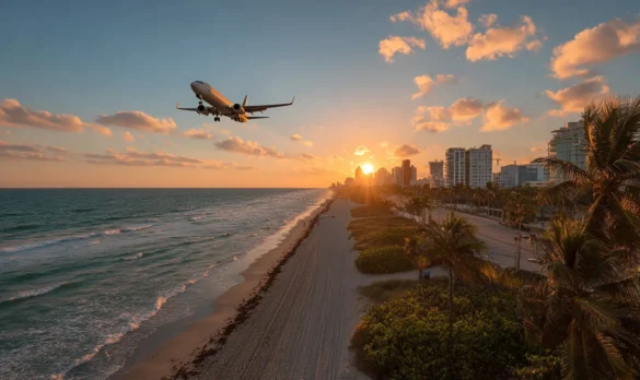 Airplane flying over Miami Beach