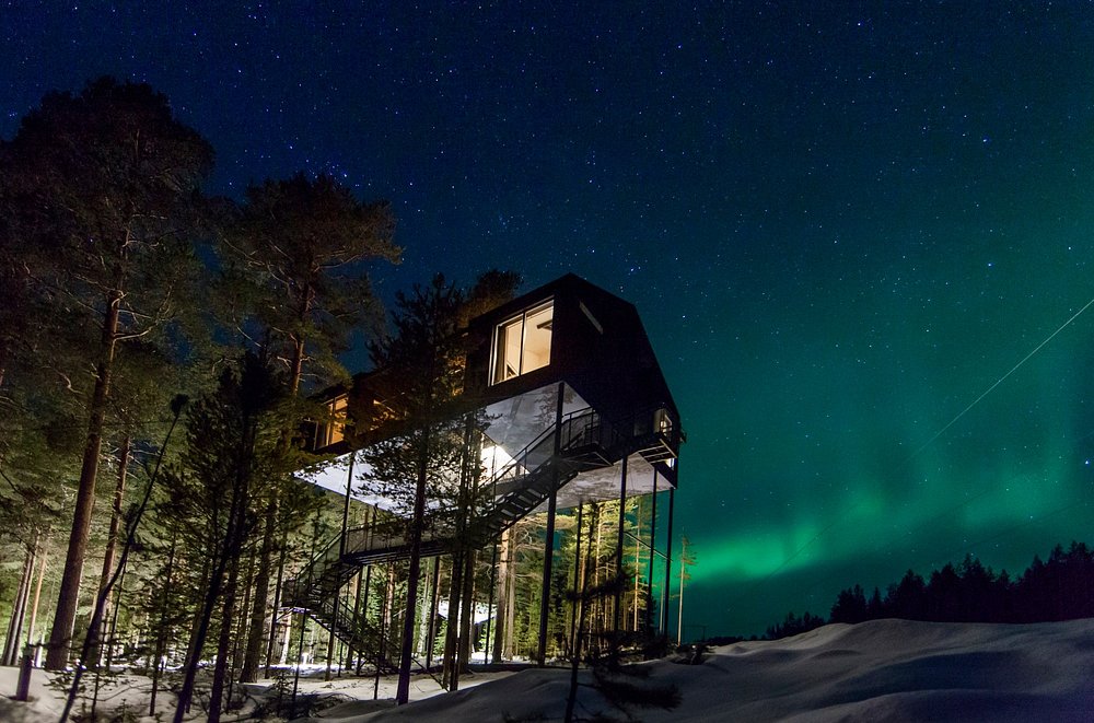 Treehotel cabin elevated on stilts in snowy forest under the northern lights.