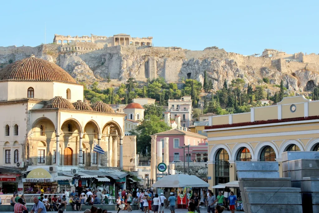 Acropolis ancient ruins on hill overlooking Monastiraki Square in Athens