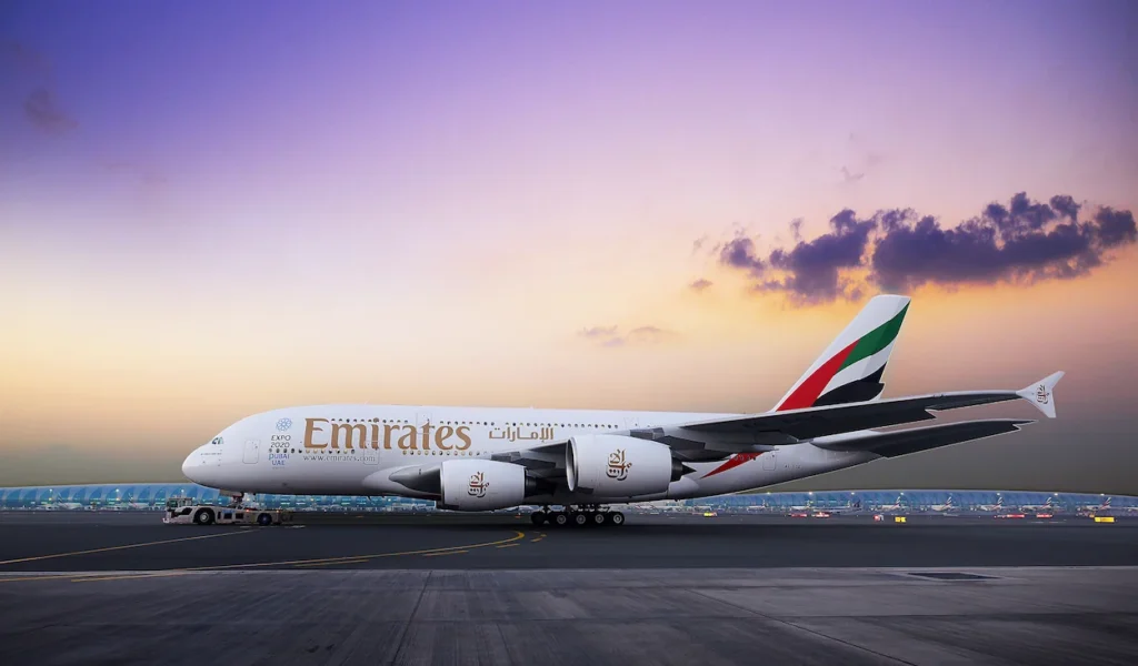 An Emirates Airbus A380 passenger airplane parked stationary on an airport tarmac