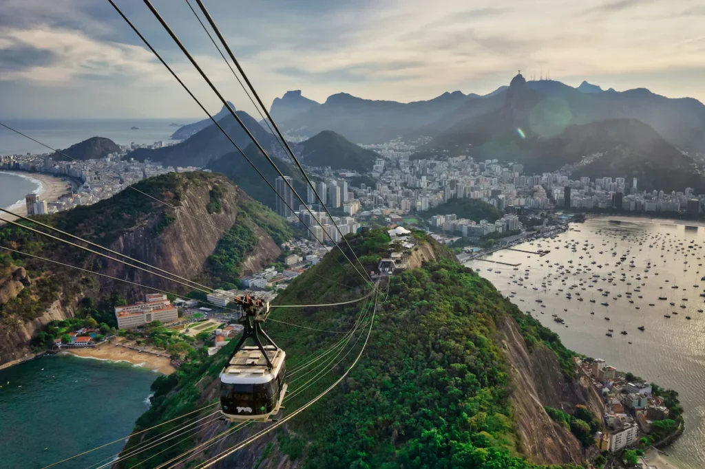 Sugarloaf Mountain cable car with views of Botafogo bay and Corcovado mountain in Rio de Janeiro