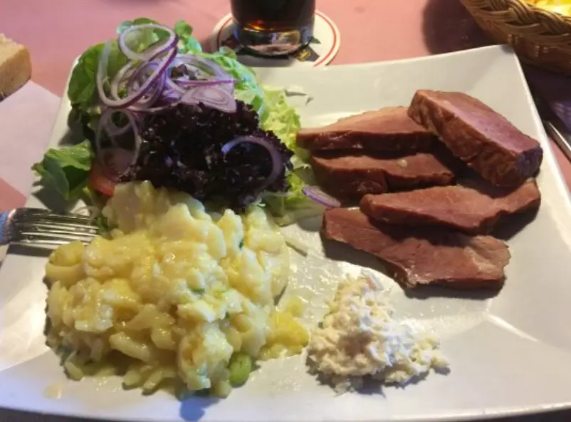 Black Forest ham with potato salad and regular salad