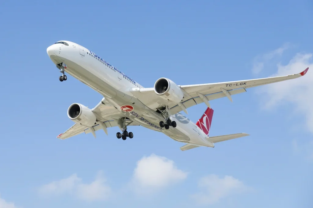 A Turkish Airlines Airbus A350-900 widebody passenger airplane descending on final landing