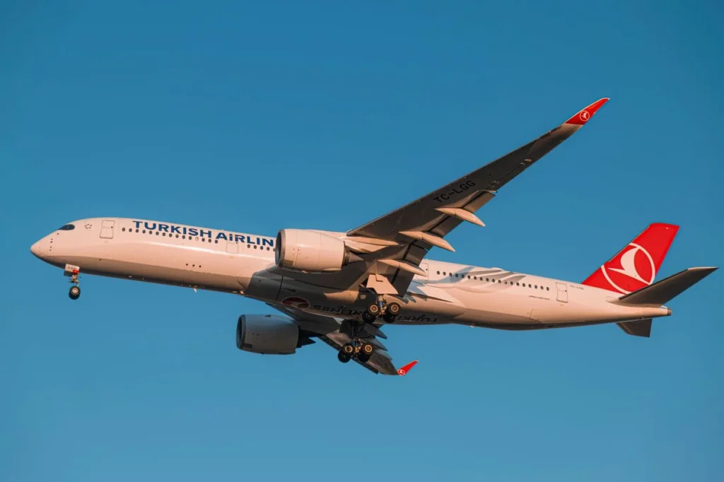 Underbelly view of a white Turkish Airlines Airbus A350 commercial passenger aircraft