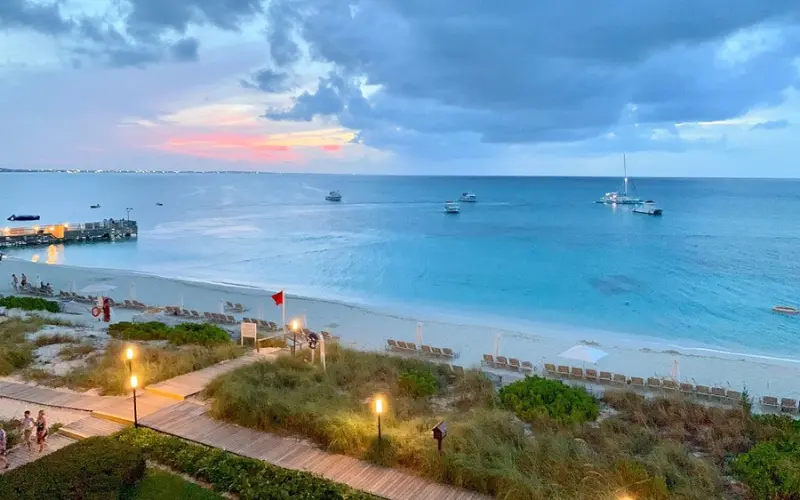 Sunset view of the beach and ocean at Beaches Resort in Turks and Caicos.