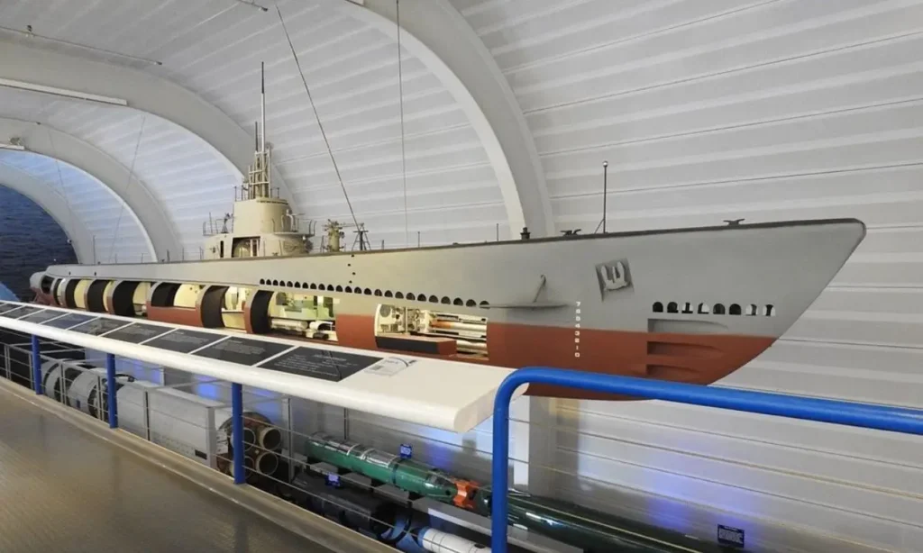 Large submarine model with cutaway sections on display at The Submarine Force Museum.