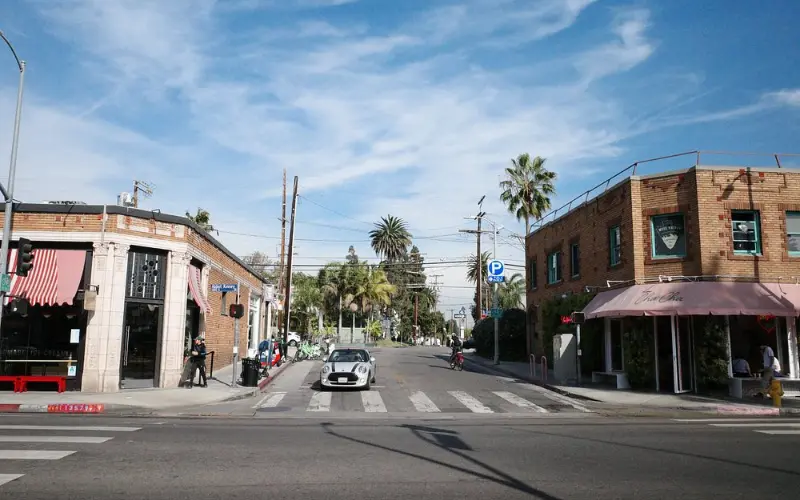 Street view of shops and restaurants along Abbot Kinney Boulevard.