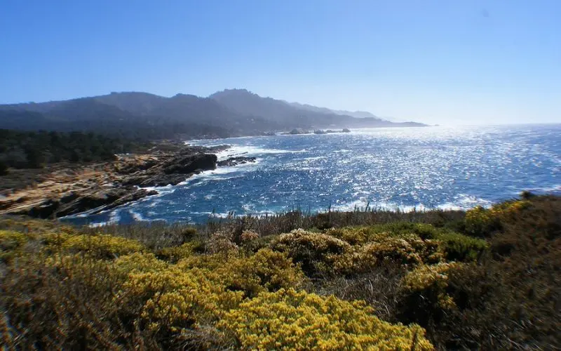Rocky coastline and sparkling blue water at Point Lobos State Reserve.